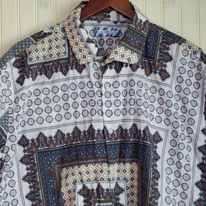 Lanzino Shirt Mens 2XL White Geometric Short Sleeve Button Up Cotton Casual